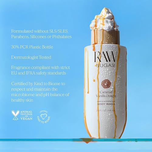 RAW SUGAR, Body Wash Caramel Vanilla Delight, Gel de Baño, Suave e Hidratante, Nutre y Revitaliza, Equilibra pH, 20 OZ