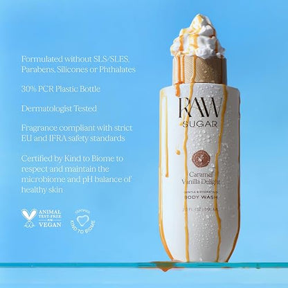 RAW SUGAR, Body Wash Caramel Vanilla Delight, Gel de Baño, Suave e Hidratante, Nutre y Revitaliza, Equilibra pH, 20 OZ