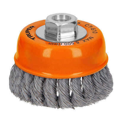Truper CT-610, Carda para esmeriladora angular, de copa, alambre trenzado fino, calibre 0.35 mm, 4" 5/8-11