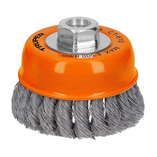 Truper CT-610, Carda para esmeriladora angular, de copa, alambre trenzado fino, calibre 0.35 mm, 4" 5/8-11