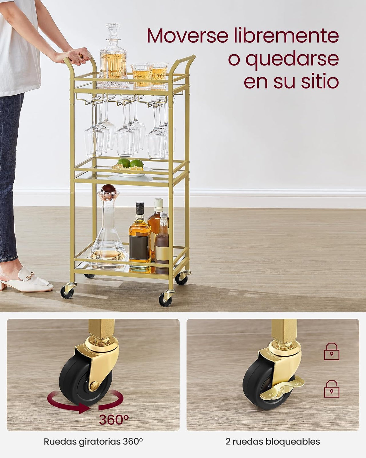 VASAGLE Carrito de 3 Niveles, Minicarrito de Bar, Ruedas, Pasamanos | Espacios Pequeños, Cocina, Comedor, Baño, Salón, Dorado Claro, Gris, Colección BARIS MLRC091A62