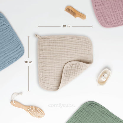 Comfy Cubs Toallitas de Muselina para Bebé (Paquete de 10), Toallas Suaves de 6 Capas de Algodón para Piel Sensible, Grandes, Absorbentes y Delicadas Arena