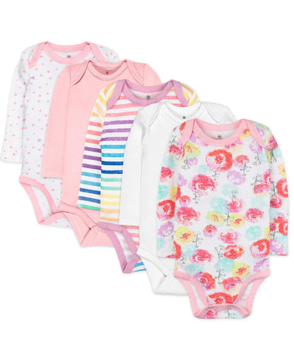 HonestBaby Paquete de 5 Bodies de Manga Larga, 100% Algodón Orgánico - Flor de rosa - 0-3 Meses