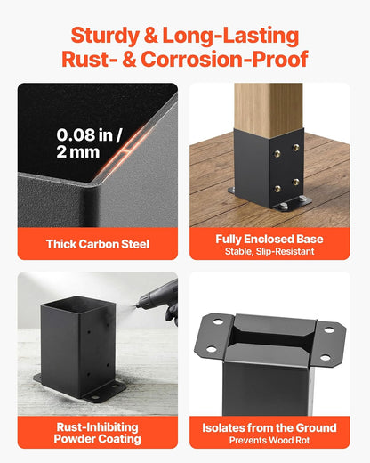 VEVOR 10 Piezas Soportes para Postes de Madera 4" x 4"(102x102 mm) Base Interna de Poste de Acero al Carbono para Anclaje de Poste con Recubrimiento en Polvo para de Soporte, Terraza, Negro