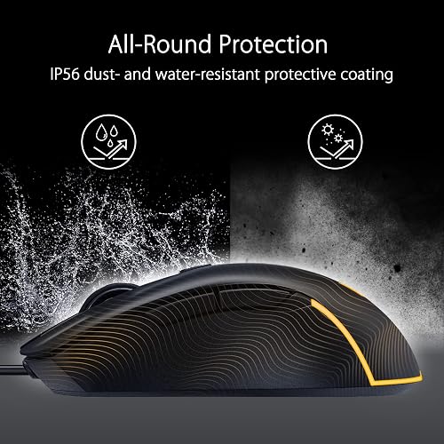 ASUS Mouse Gaming TUF Gaming M3 Gen IIncon Cable, 59 g, Ligero, Resistente al Polvo y al Agua IP56, Protector Antibacteriano, Sensor óptico 8K dpi, 6 Botones programables, Color Negro