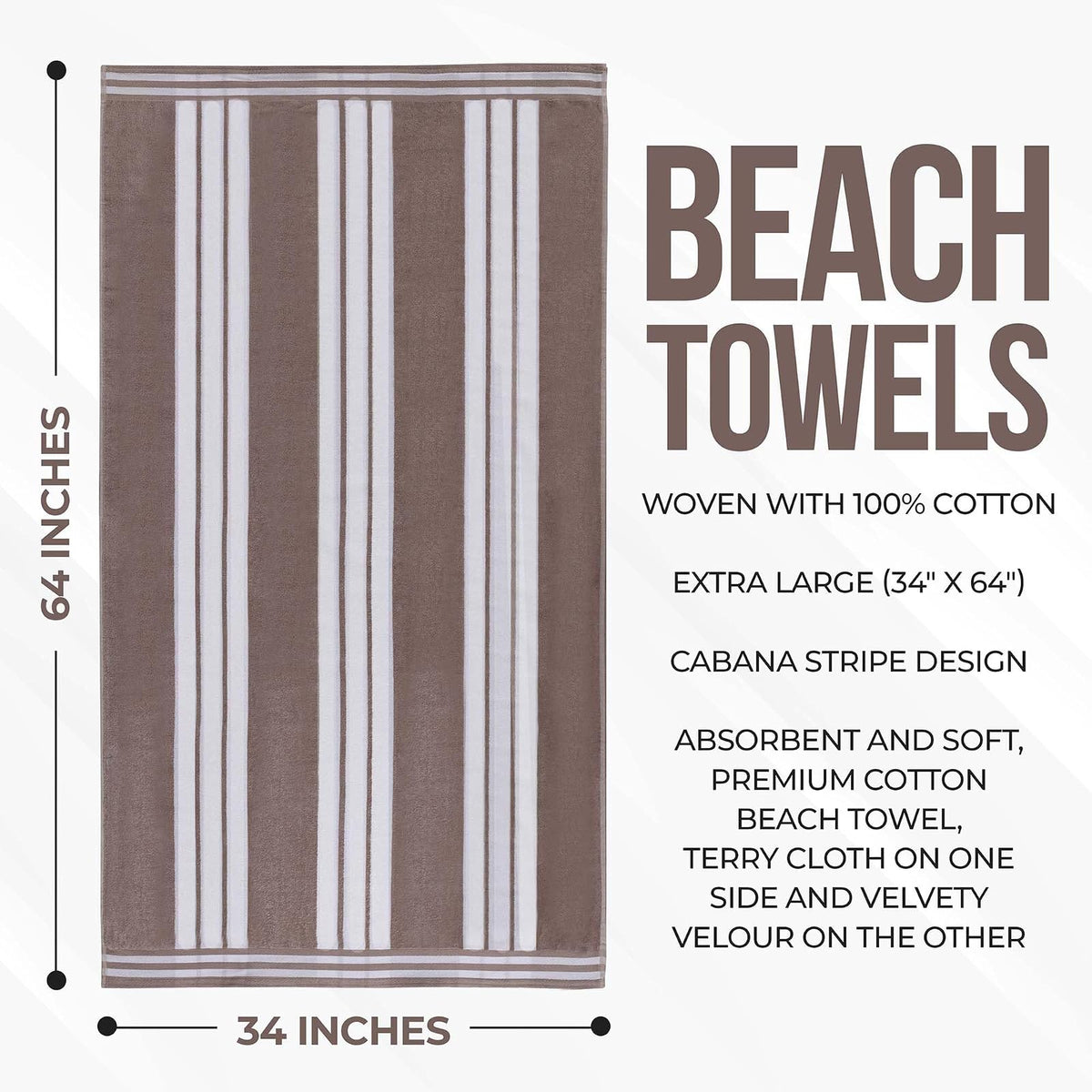 Superior Collection Luxurious Jacquard Cotton Beach Towels, Oversized, Taupe Cabana Stripes