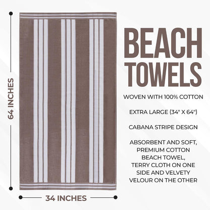 Superior Collection Luxurious Jacquard Cotton Beach Towels, Oversized, Taupe Cabana Stripes
