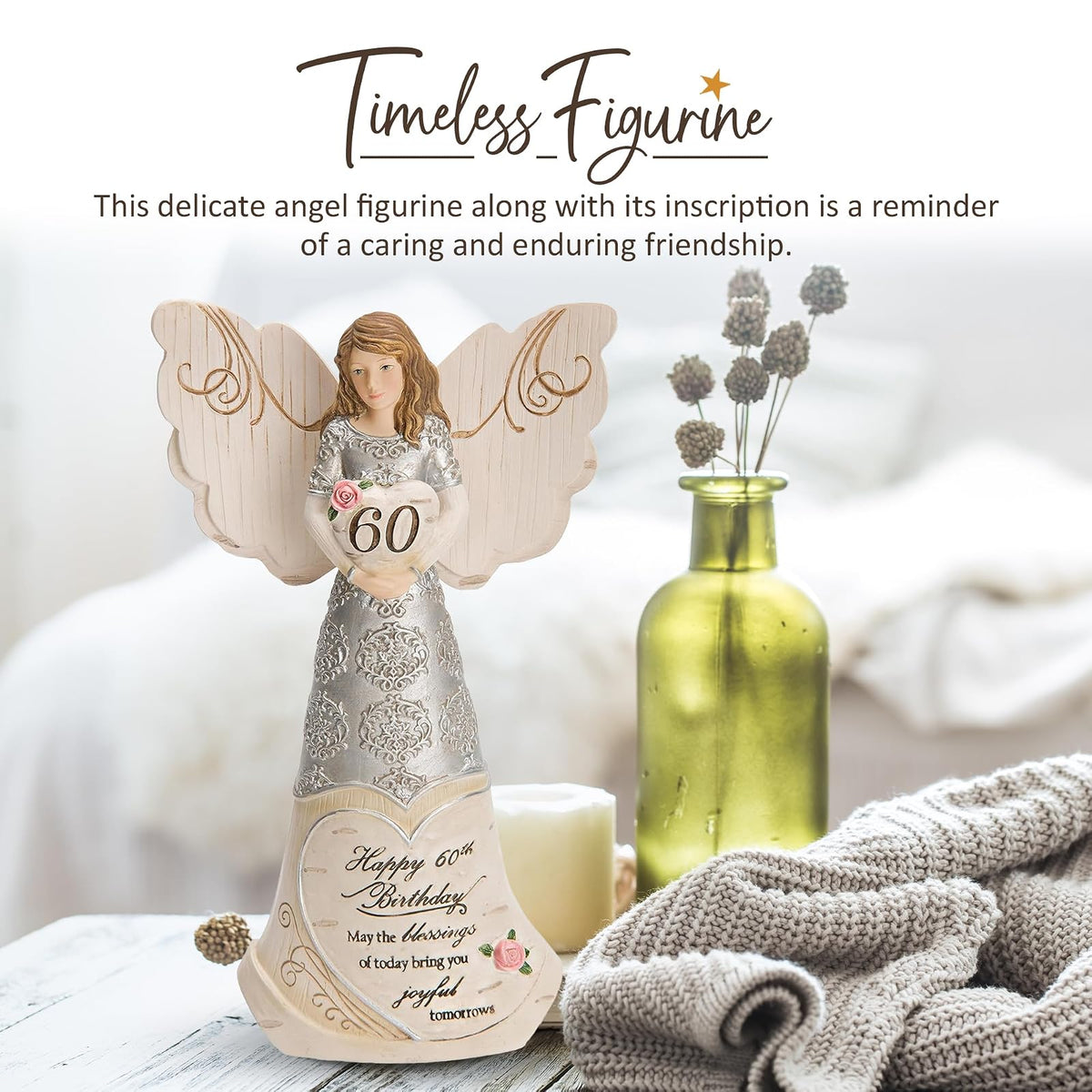 Pavilion Elements Angels - Figura de ángel de la Guarda - Feliz cumpleaños 60 Puede Que Las bendiciones de Hoy te traigan alegres mañanas Texto Impreso, Cifras de ángel coleccionables, 6 Pulgadas