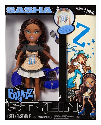 Bratz Stylin' Sasha - - Muñeca de Moda con Camiseta Personalizable Que Puedes Usar, Incluye Accesorios, Lindos Juguetes para Niñas