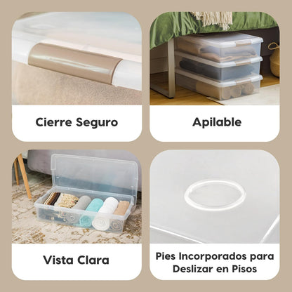 IRIS USA Contenedor Bajo Cama de 40 Qt con Tapa, Gris/Transparente | Guarda ropa, zapatos, ropa de cama y artículos de temporada con protección segura debajo de la cama