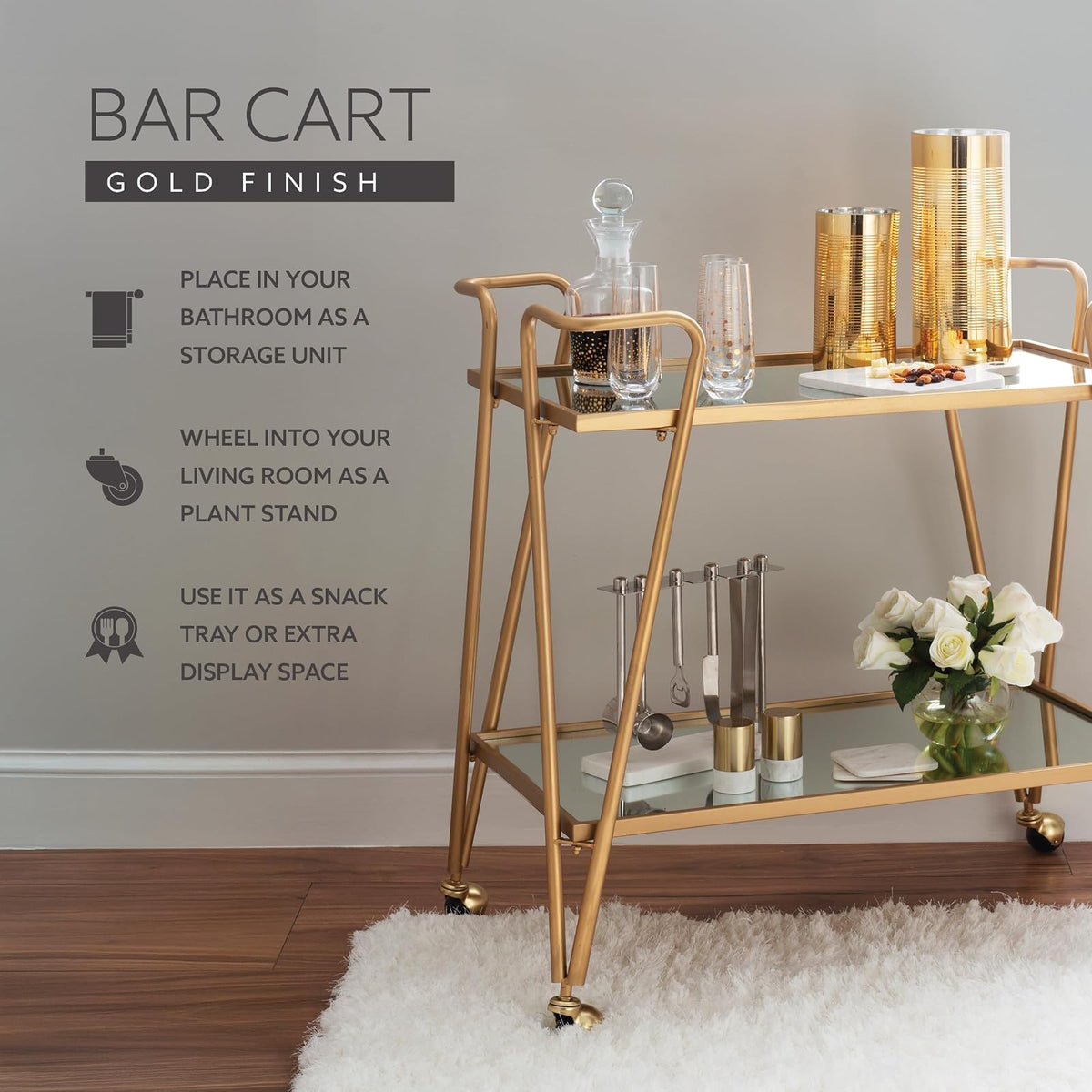 Linon AMZN0215 Gina Mid-Century Gold Bar Cart