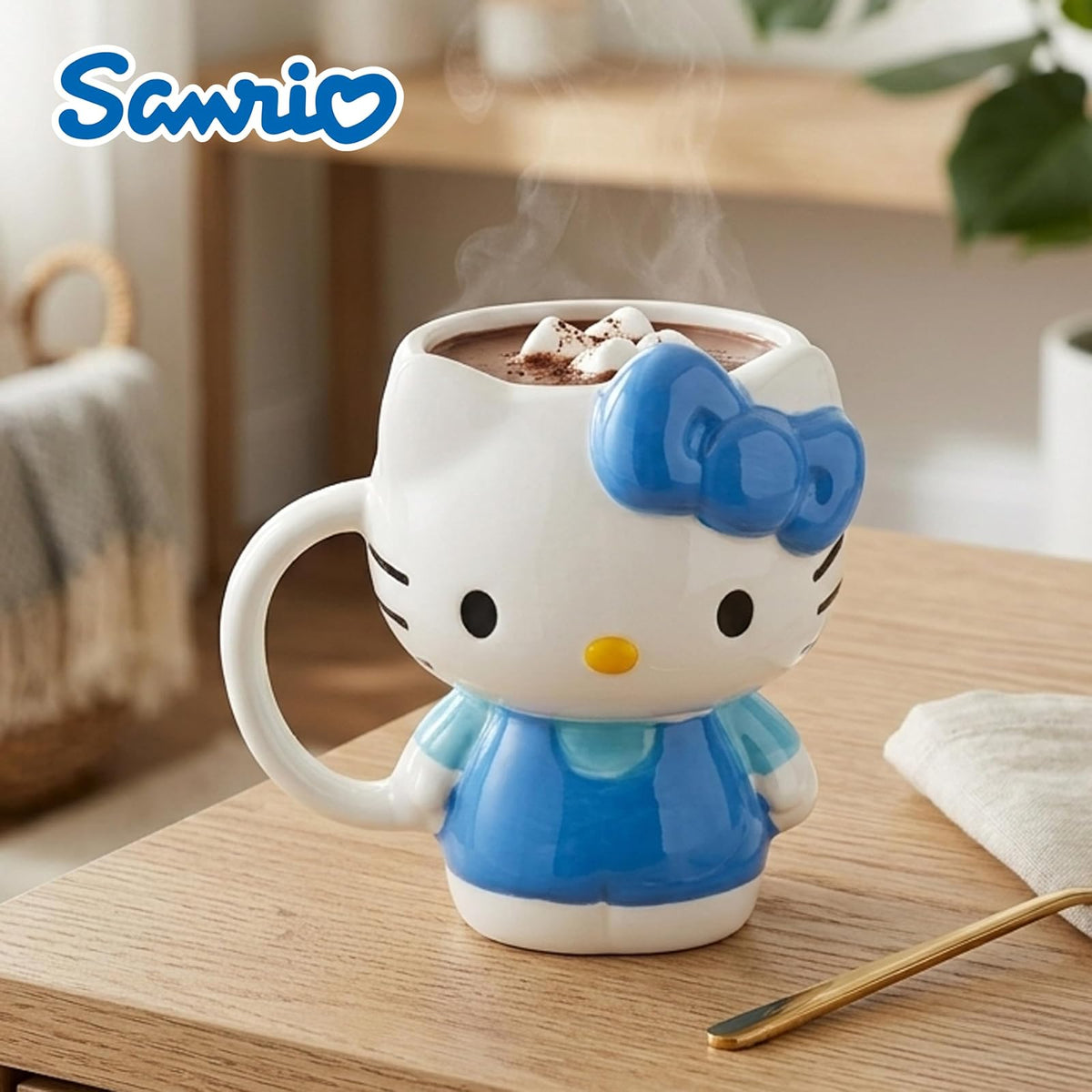 Silver Buffalo Sanrio Hello Kitty - Taza esculpida de cerámica 3D con vestido azul, 20 onzas