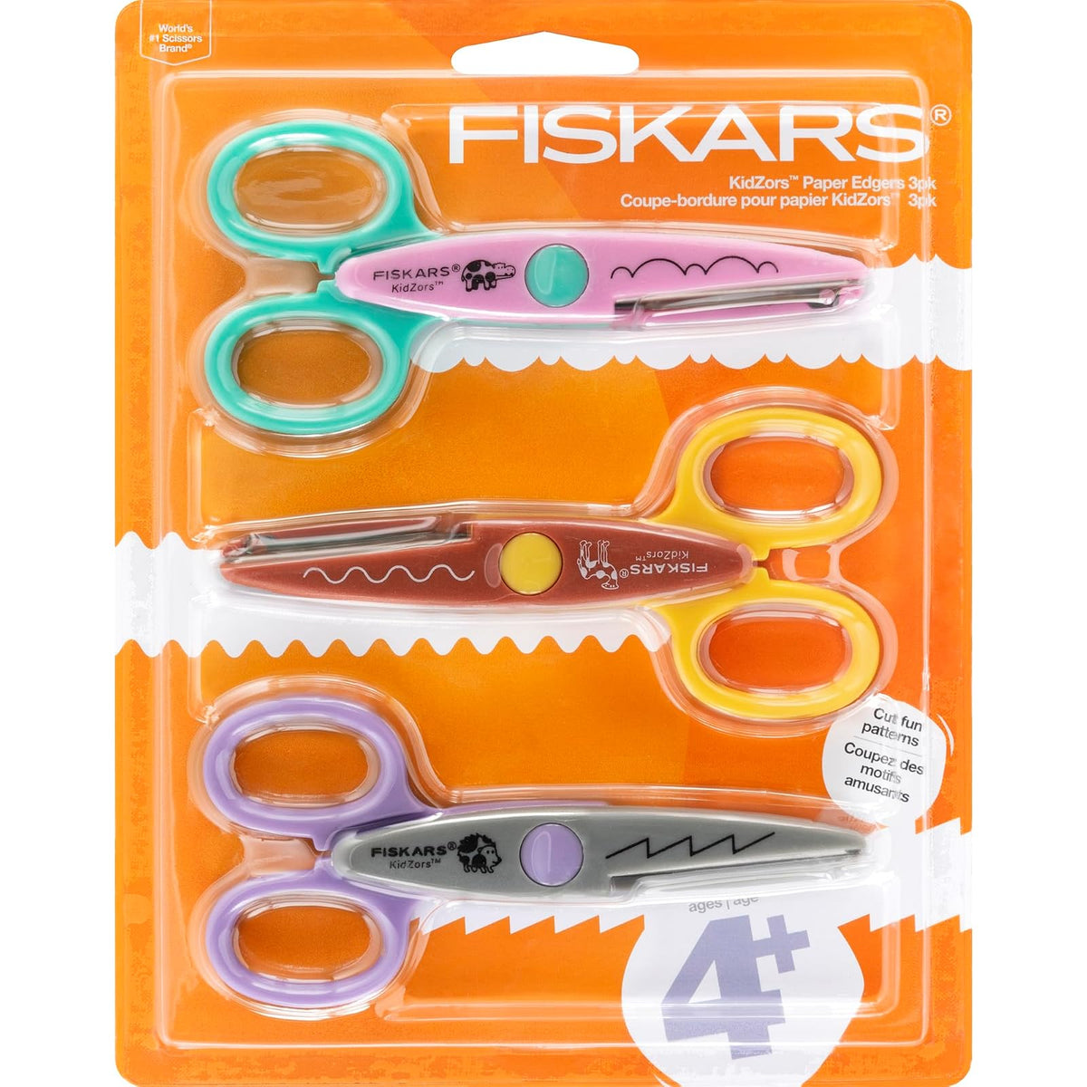 Fiskars - Tijeras decorativas para manualidades de 4 a 7 años, tijeras de manualidades para niños, diseño de zoológico con bordes en zigzag, paquete de 3