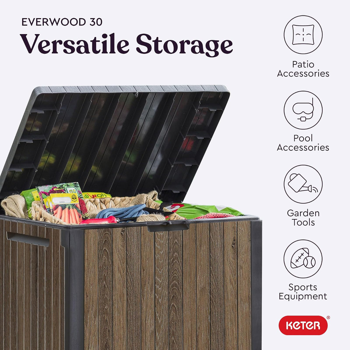 Keter Signature Everwood - Caja de almacenamiento de resina para exteriores de 30 galones y mesa auxiliar de muebles de patio para accesorios de piscina y jardín, nogal