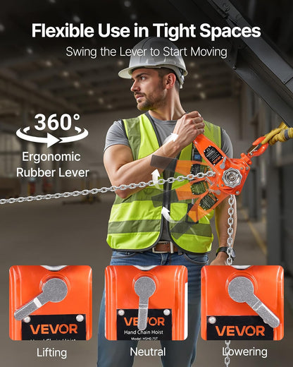 VEVOR Mini Polipasto de Cadena Manual de Palanca, 0,75 T, Elevación de 6 m, con freno mecánico de doble trinquete, ganchos giratorios 360°, para almacén, construcción y garaje, 460 x 115 x 155 mm
