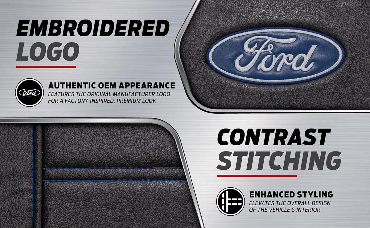 Plasticolor 008625R01 - Funda de Asiento para Ford Deluxe con Logotipo incrustado, Costuras de Alto Contraste, 3 Piezas, sin Laterales, para Automóvil, camión o SUV, con Bolsillo de Carga, Color Negro