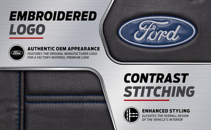 Plasticolor 008625R01 - Funda de Asiento para Ford Deluxe con Logotipo incrustado, Costuras de Alto Contraste, 3 Piezas, sin Laterales, para Automóvil, camión o SUV, con Bolsillo de Carga, Color Negro
