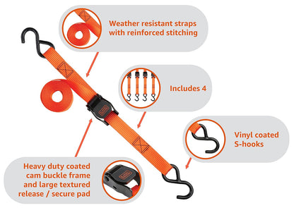 Black+Decker BDX1004 - Correas de Amarre con Hebilla de Leva de 1 x 10 pies, Carga de Trabajo Segura de 300 Libras, Resistencia a la Rotura de 900 Libras, Paquete de 4