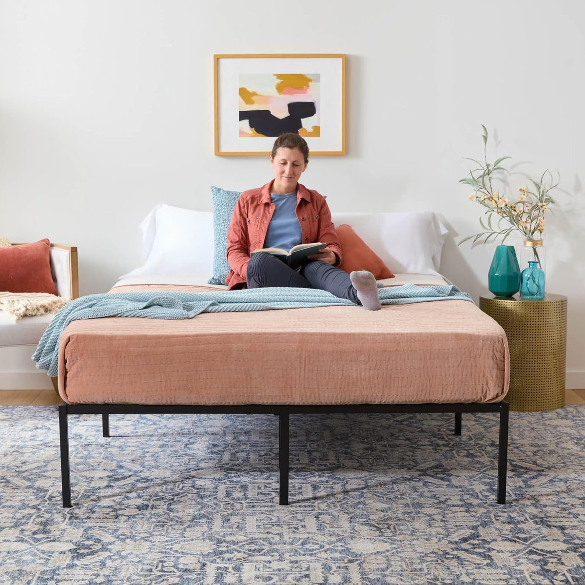 Linenspa - Base de Cama Metálica Reforzada Queen - Estructura de Acero con Láminas Metálicas - Almacenamiento Bajo Cama - Fácil de Armar Herramienta Incluida - Ideal para Cualquier Recámara