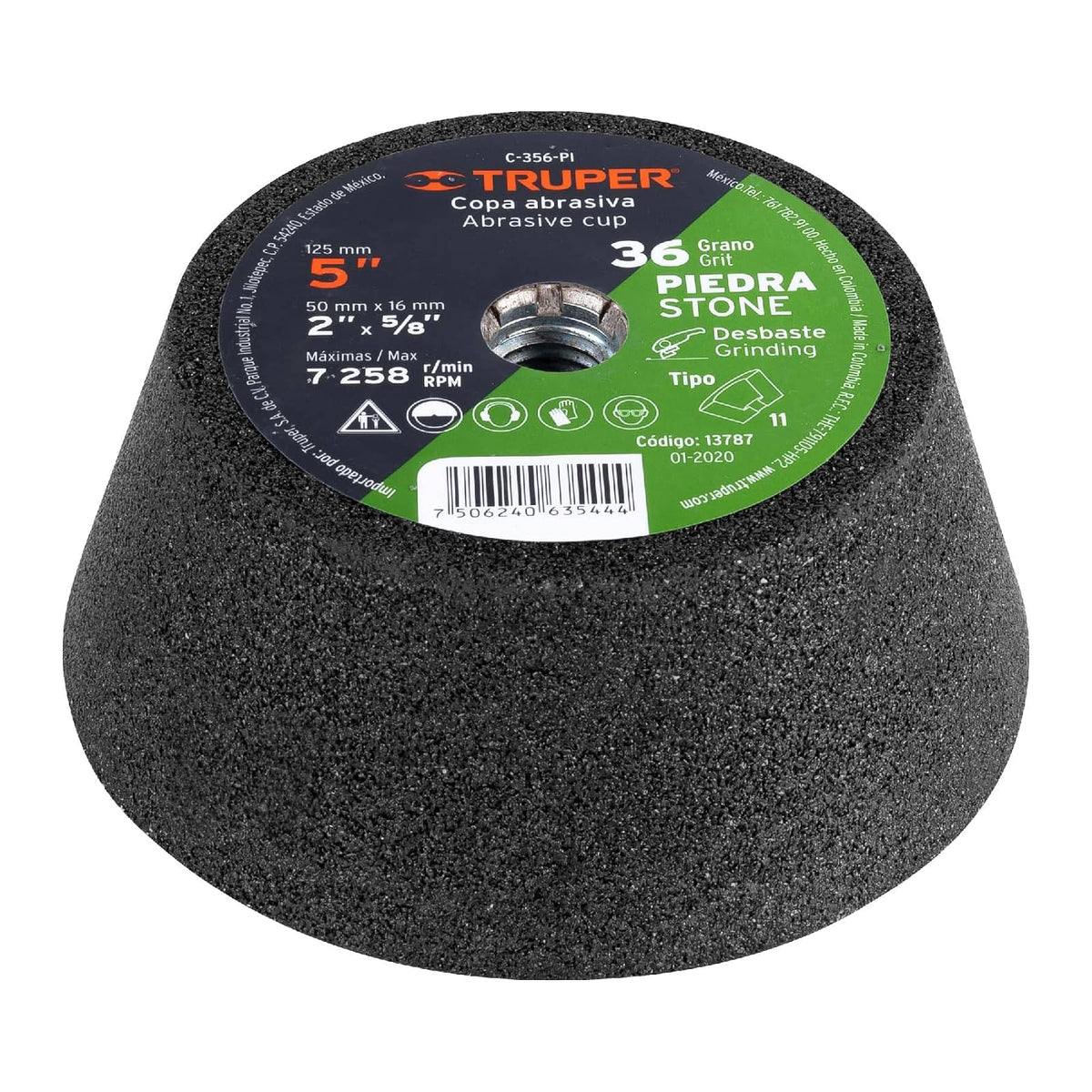 Truper C-356-PI, Copa desbaste, 5", grano 36 para piedra - M16 - Grano 36
