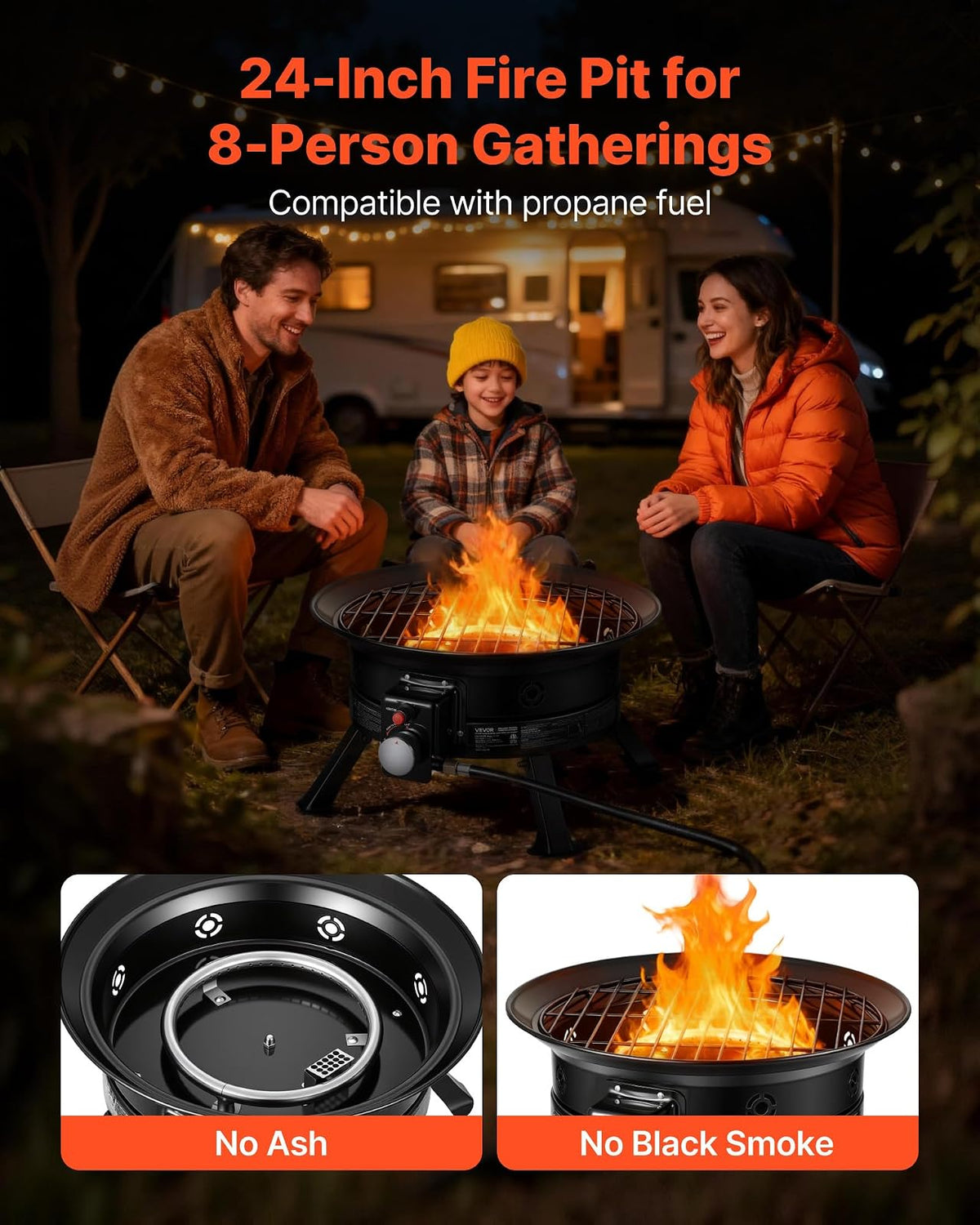 VEVOR Fogón de propano de 24 Pulgadas, fogón de Gas portátil de 53 000 BTU, con Parrilla y Rocas volcánicas, Llama Ajustable, Patas Plegables, fogón Exterior sin Humo para acampadas, Patios, Jardines