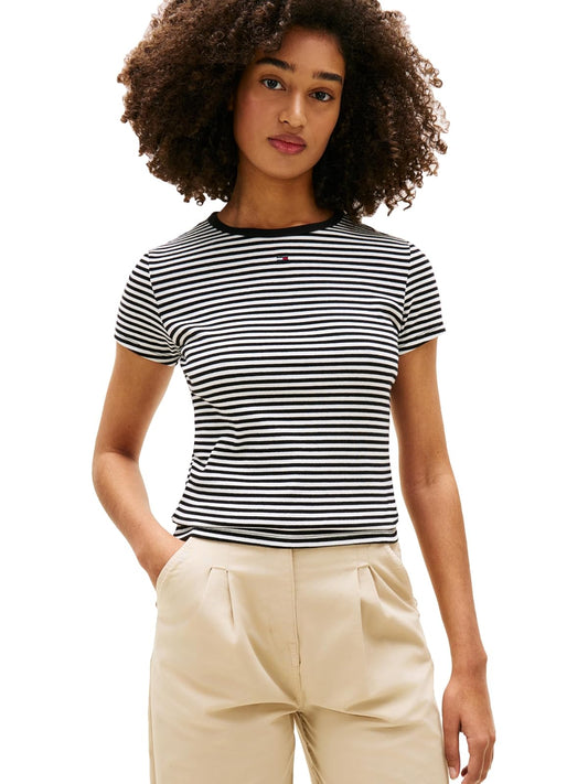 Tommy Jeans - Playera Acanalada para Mujer con Detalle Bordado de Bandera