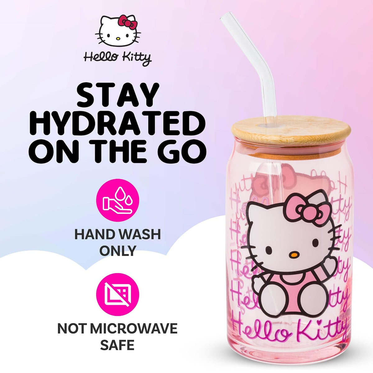 Silver Buffalo Sanrio Hello Kitty - Vaso de vidrio rosa con tapa de bambú y popote de vidrio, 16 onzas