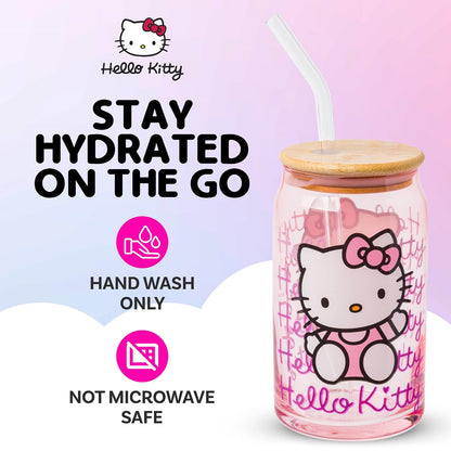 Silver Buffalo Sanrio Hello Kitty - Vaso de vidrio rosa con tapa de bambú y popote de vidrio, 16 onzas