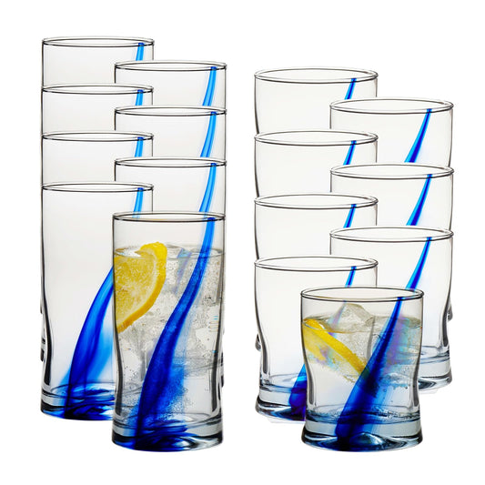 Libbey Juego de 16 Vasos de Vidrio Listón Azul Impression de 495 ml y 369 ml