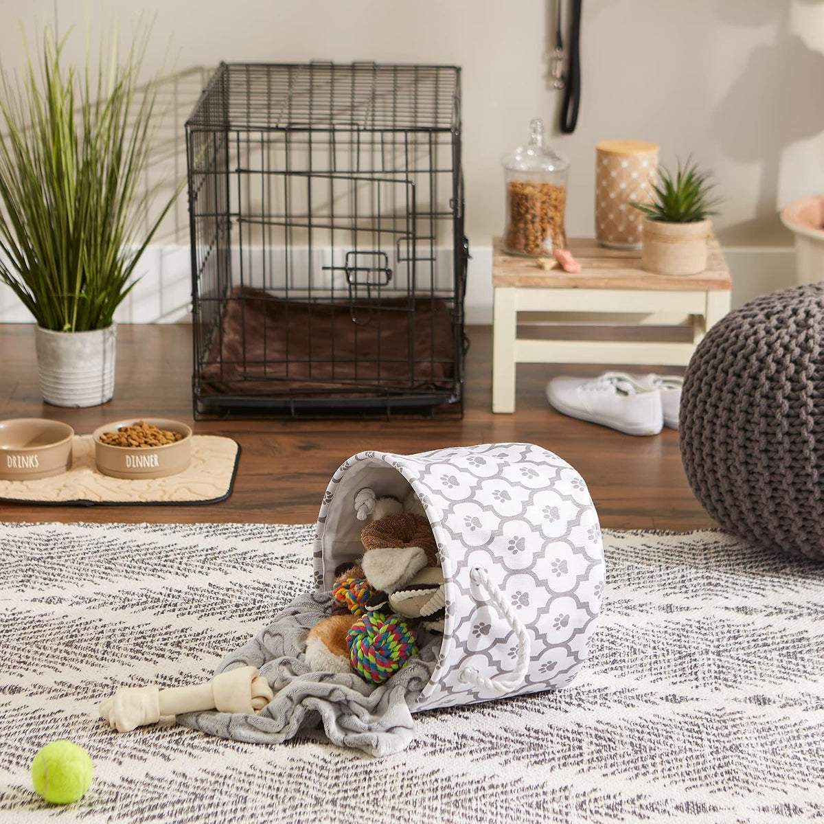 DII Bone Dry Small Round Pet Toy and Accessory Storage Bin, 12"(Dia) x 9"(H), Collapsible Organizer Storage Basket for Home Décor, Pet Toy, Blankets, Leashes and Food-Gray Lattiec Paw Print