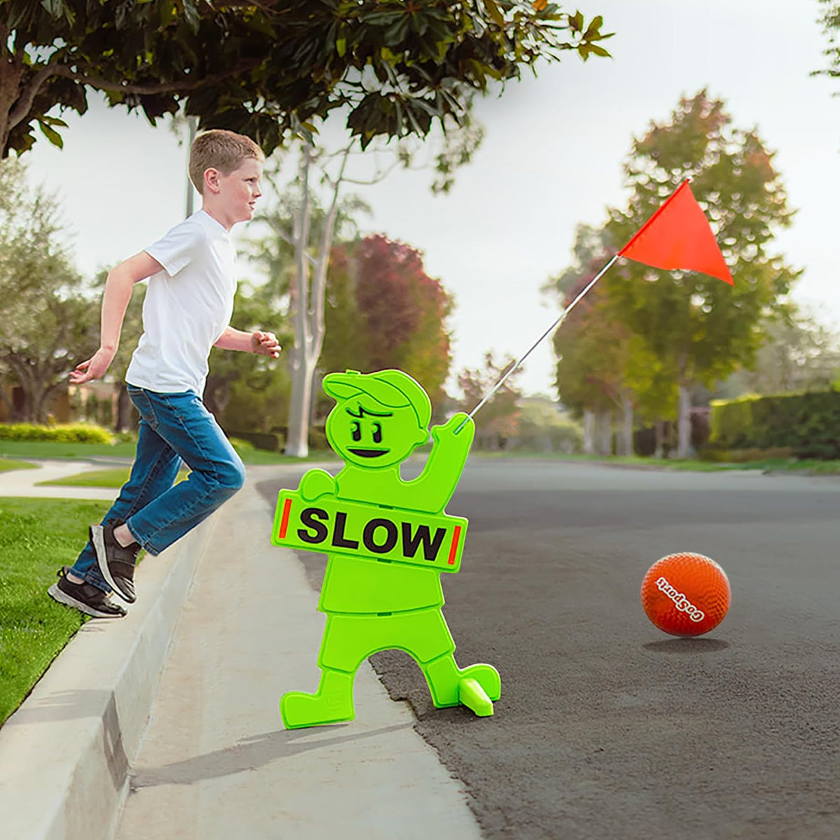 GoSports Señal de seguridad para niños en juego para calles - Señal de alta visibilidad de reducir velocidad para vecindarios con bandera