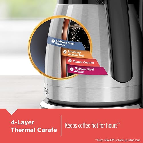 BLACK+DECKER - Cafetera térmica programable de 12 tazas con fuerza de infusión y tecnología VORTEX, color negro y acero