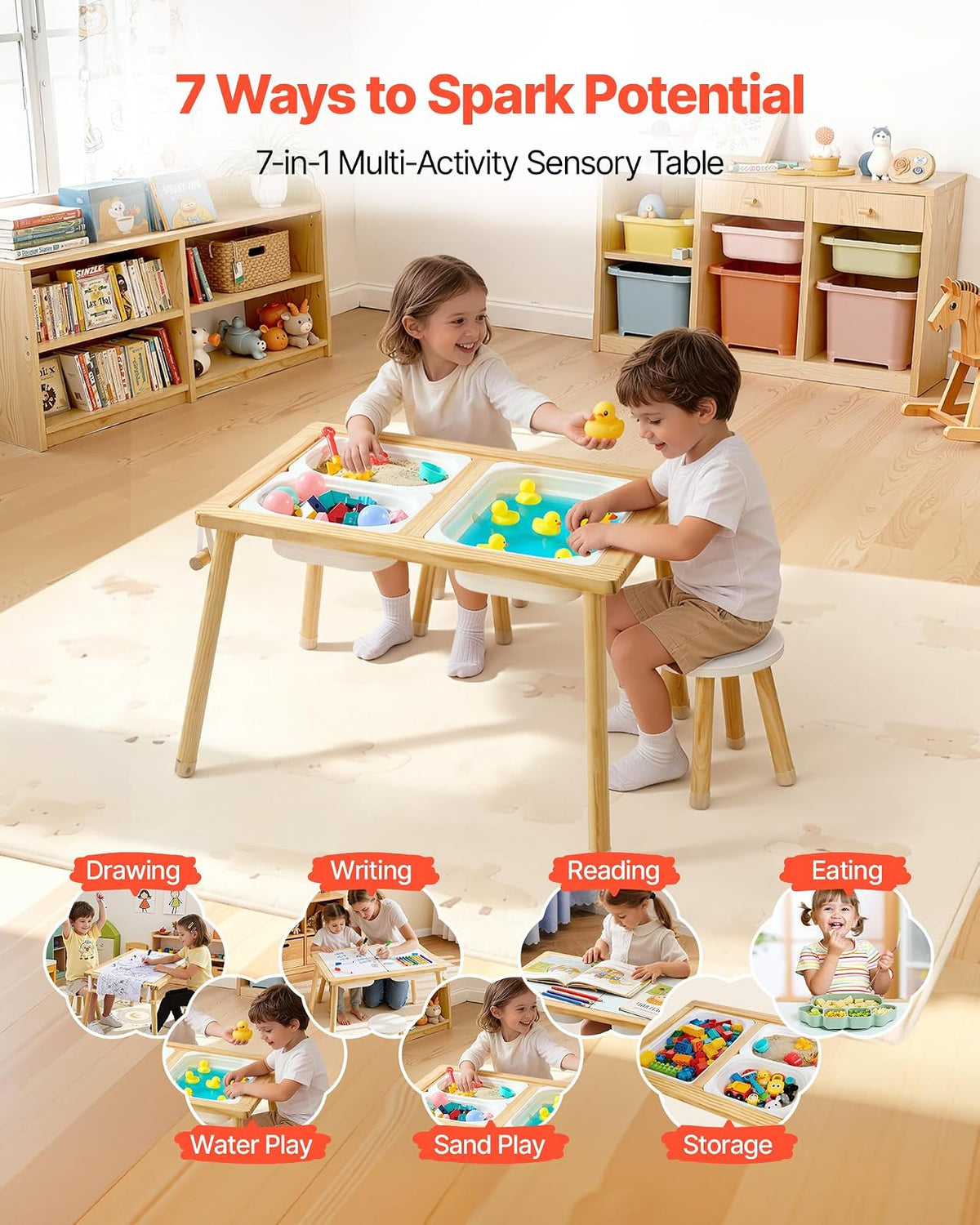 VEVOR Mesa Sensorial Infantil, Mesa de Madera de Actividades para Niños, con 2 Taburetes Tablero de Doble Cara y Cajas de Almacenamiento, Patas Antideslizantes, Multifuncional para Juegos Exploración