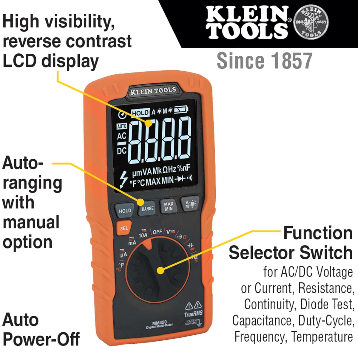 KLEIN TOOLS MM450 | Multímetro Digital | TRMS | 600 V | Auto Rango