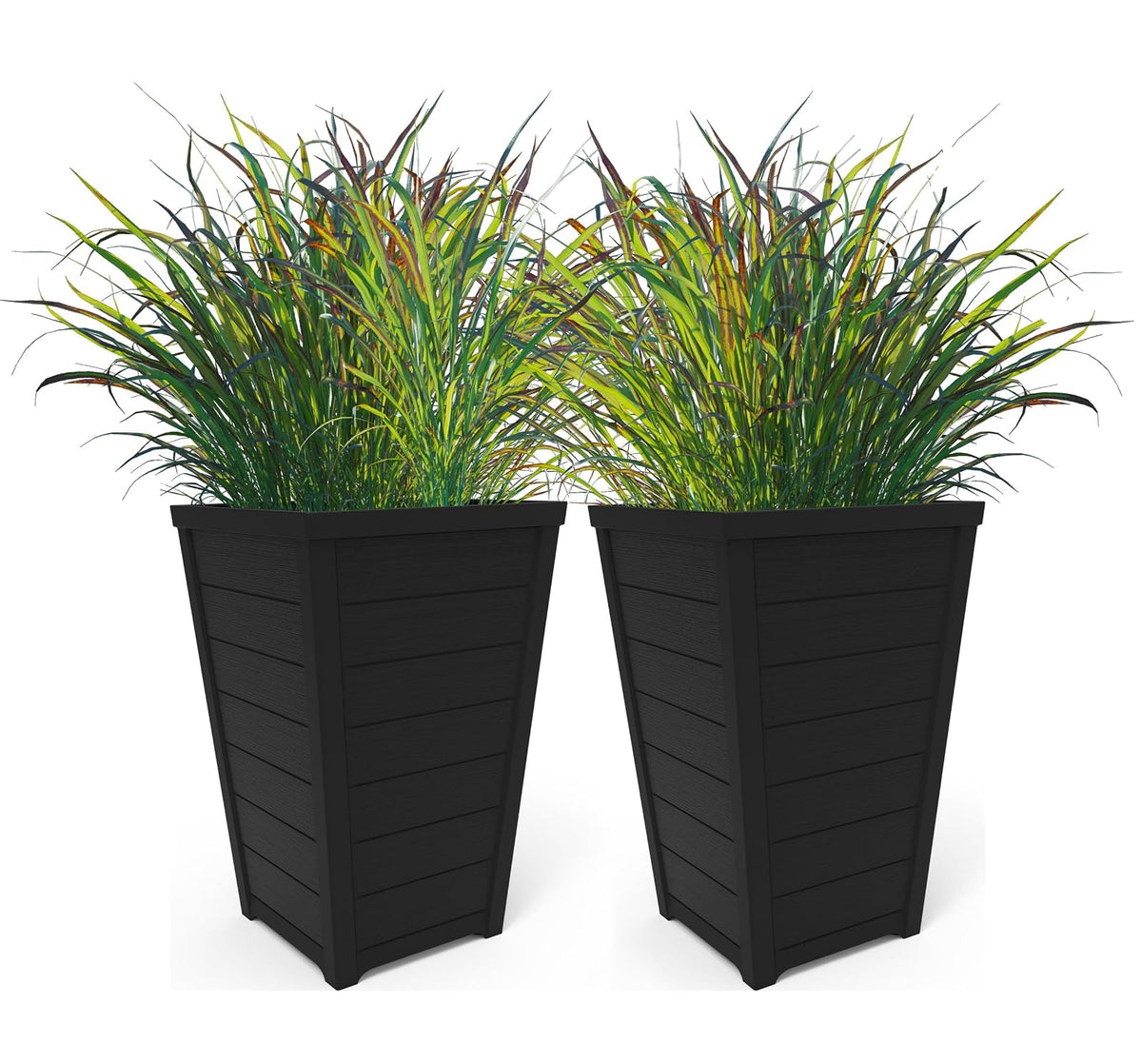 Keter Juego de 2 macetas Modernas de Resina para Exteriores de 56 cm de Alto, macetas cónicas con Aspecto de Madera para Plantas al Aire Libre y decoración de Porche Frontal, Color Grafito
