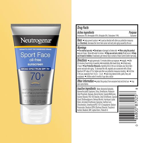 Neutrogena - Protector solar en loción sin aceite para rostro deportivo con SPF 70+ de amplio espectro, protector solar activo resistente al sudor y al agua, 2.5 onzas líquidas