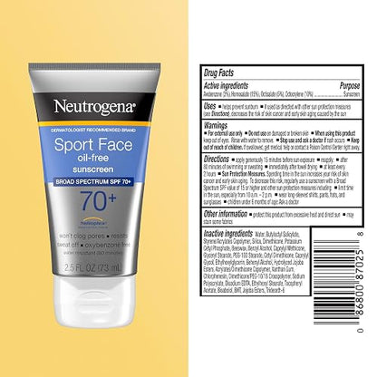 Neutrogena - Protector solar en loción sin aceite para rostro deportivo con SPF 70+ de amplio espectro, protector solar activo resistente al sudor y al agua, 2.5 onzas líquidas