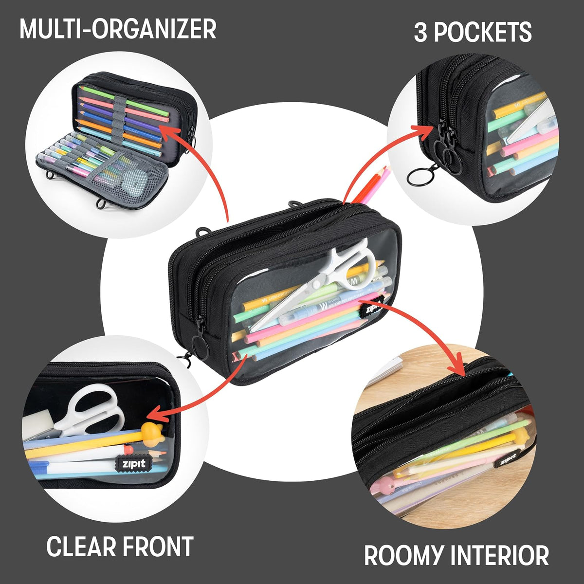 ZIPIT Estuche para lápices Half & Half, bolsa con cierre de 3 compartimentos para la escuela, organizador de papelería para adolescentes, niñas, niños y adultos, color negro