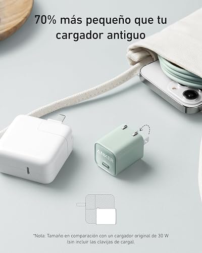 Anker Nano Cargador USB C, 30W PIQ 3.0 Cargador de Carga Rápida Plegable para iPhone 16/15 Series, Galaxy, iPad, Compatible con MagSafe
