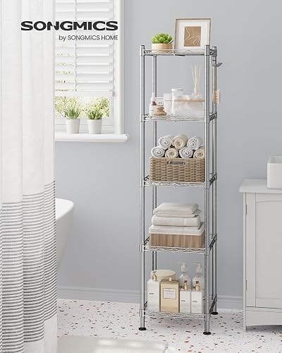 SONGMICS Estantería de Baño de Metal, Carga 20 kg por Nivel, Gris y Blanco | Organizador con 5 Hojas de PP, 30 x 30 x 121 cm, Diseño Expandible, Colección DALTEN MLGR023S01