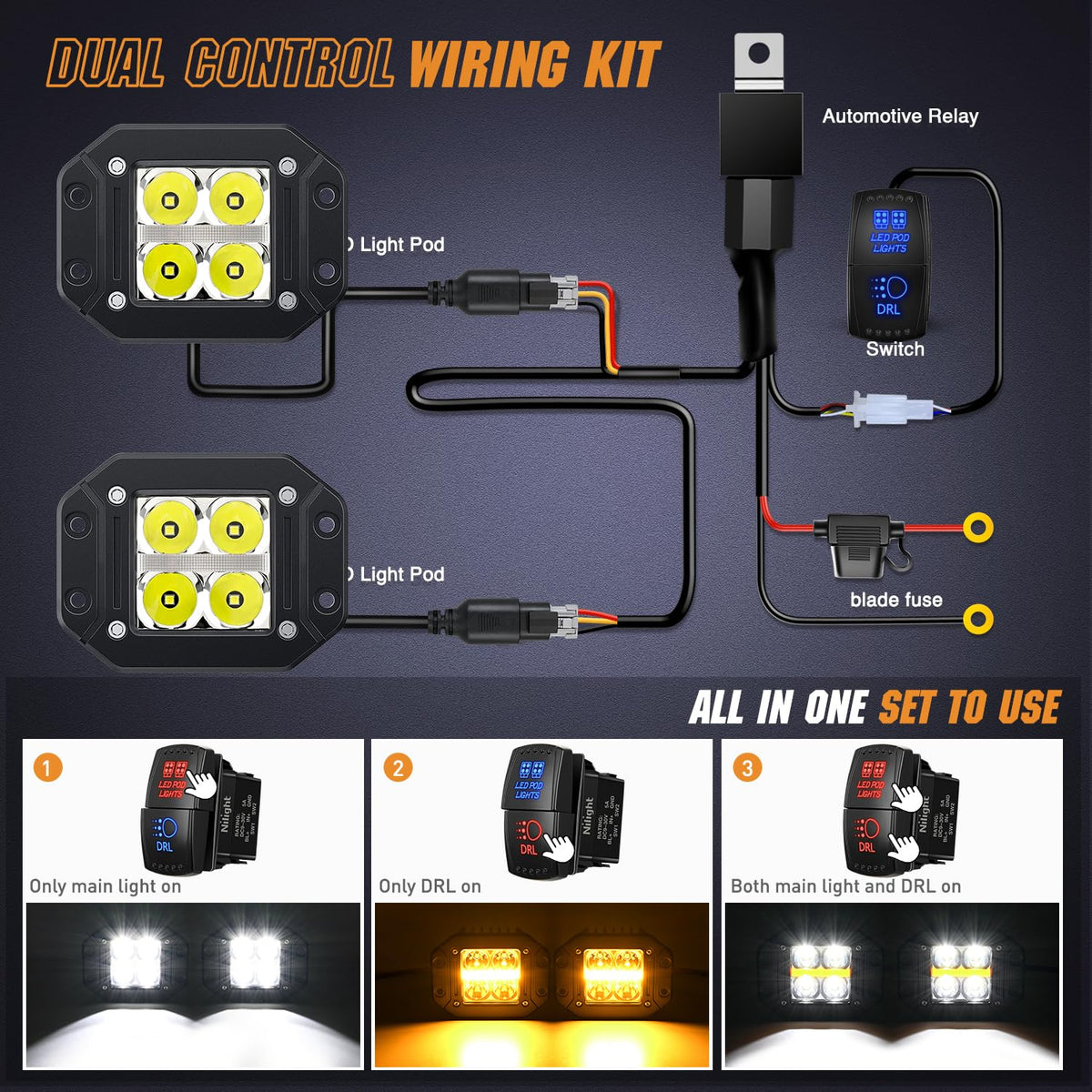 Nilight - Luces LED de montaje empotrado con ámbar DRL 2 piezas de haz de punto de 4.8 pulgadas, 20 W, 2510 lm, luz de conducción todoterreno de respaldo inverso, kit de cableado de 16 AWG, para