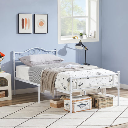 VECELO Base de Cama de Plataforma de Metal de 14 Pulgadas con cabecera y Estribo, Base de colchón Resistente con Soporte de láminas de Acero, no Necesita somier, Color Blanco