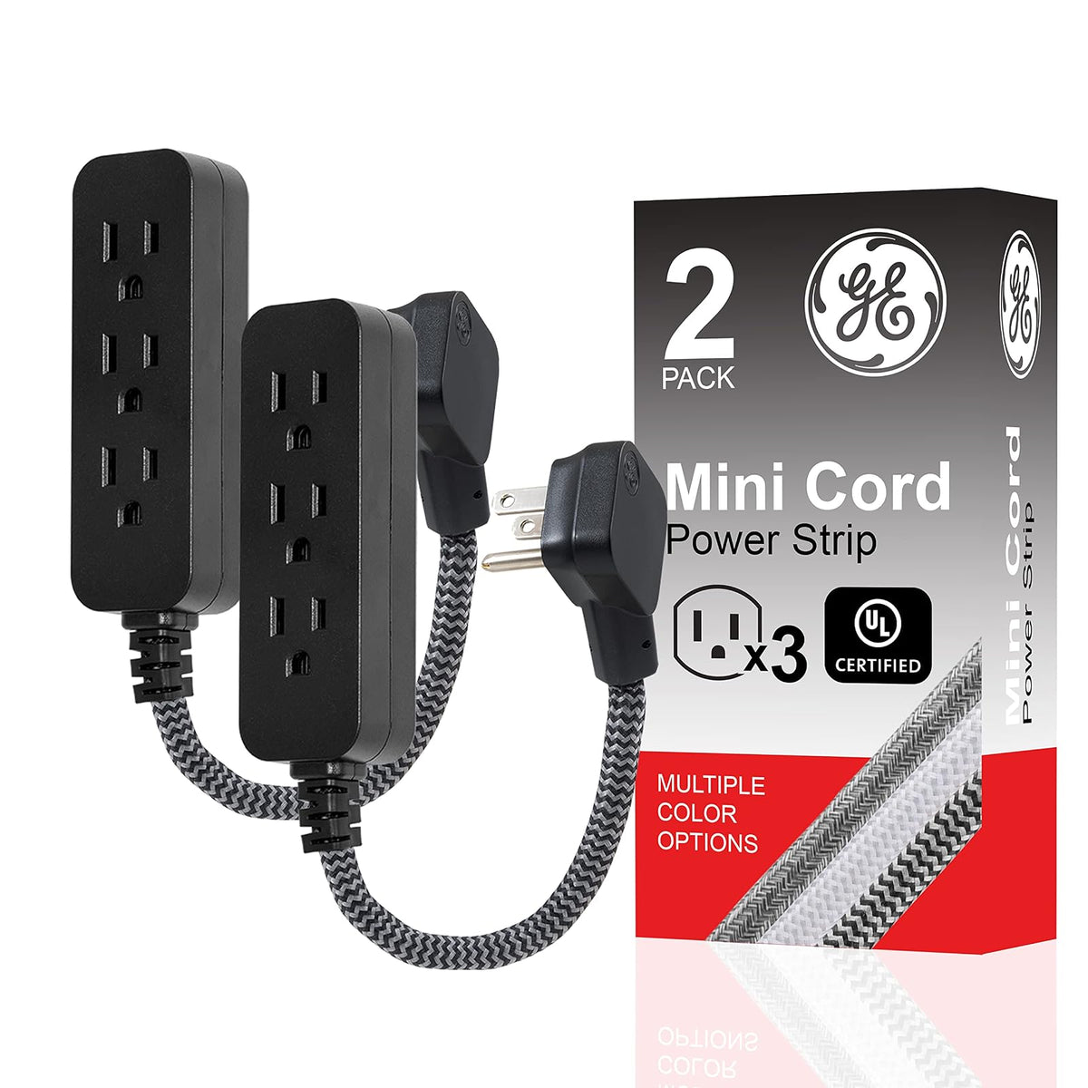 GE Pro Multicontactos 3 Salidas con Supresor de Picos, Cable Trenzado 2.4-4.5 m - Negro - Gris - 15 cm - 2 unidades