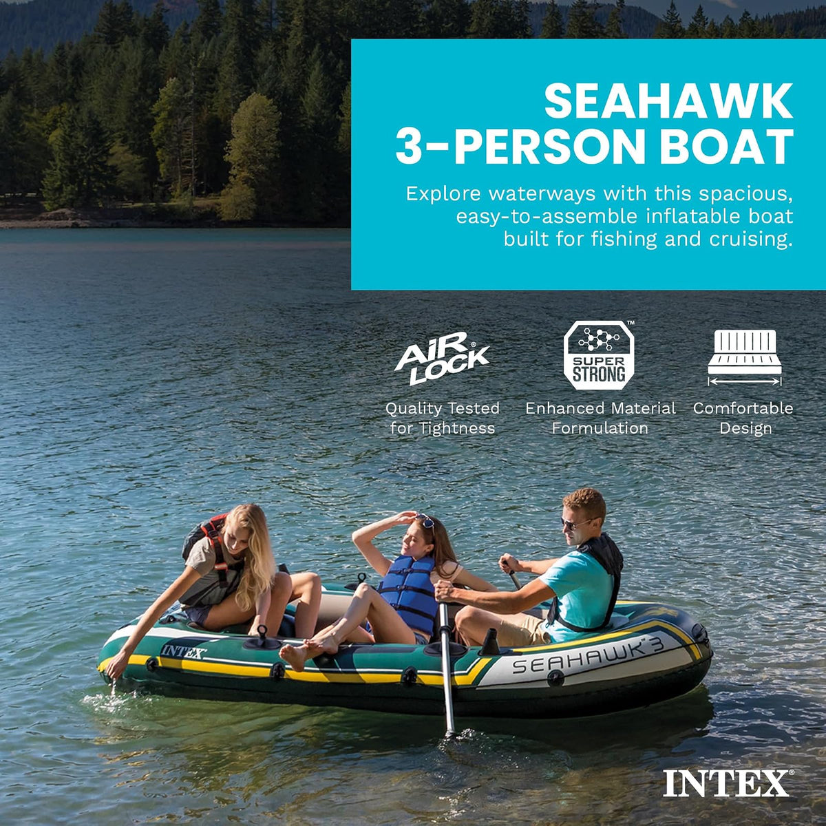 Serie Inflable INTEX Seahawk para Botes: Incluye remos de Lujo y Bomba de Alto Rendimiento, PVC superfuerte, Soportes para caña de Pescar, cerraduras de remos soldadas, asa de Agarre Resistente
