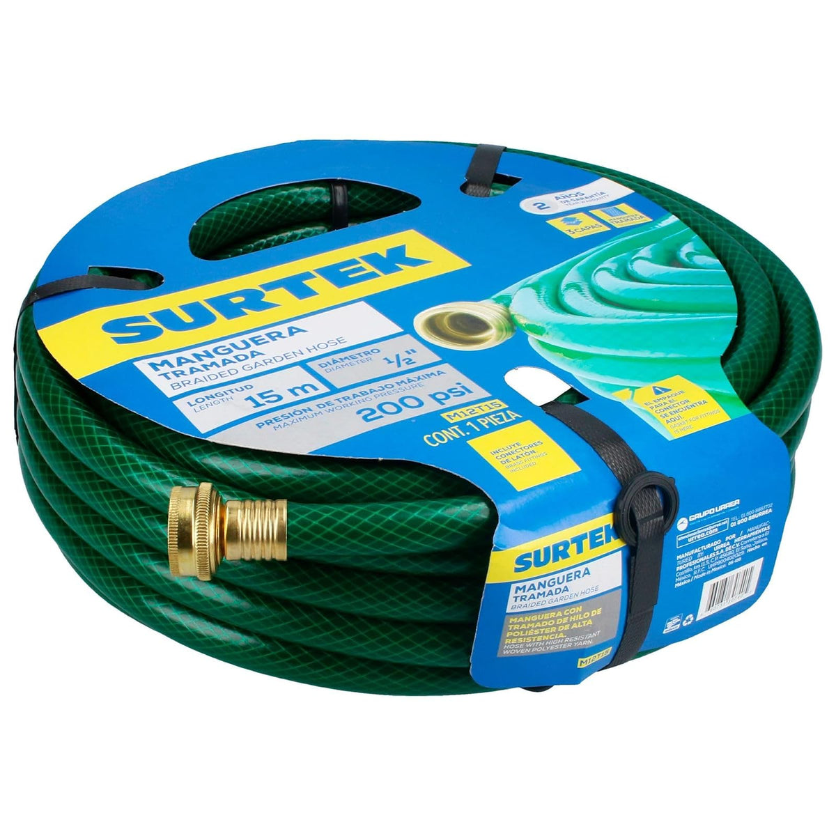 Surtek M12T15 Manguera para jardín tramada con conector metálico 1/2", 15 m
