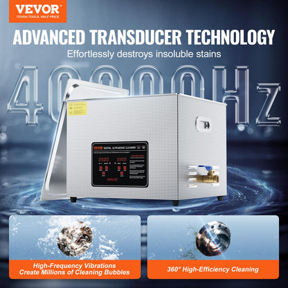 VEVOR Limpiador Ultrasónico, Máquina de Limpieza Profesional de 15 Litros y 360 W con Temporizador y Calentador, Limpiador Ultrasónico Digital de 40 kHz con Cesta para Relojes, Gafas, Joyas