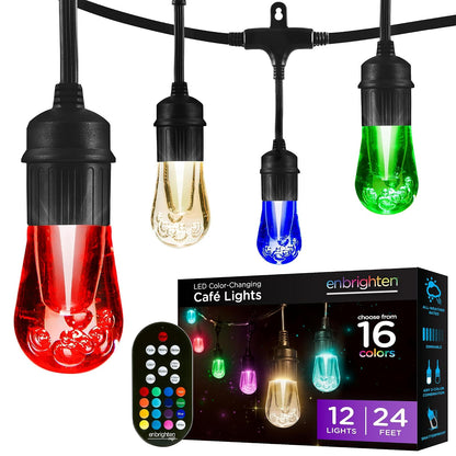 Enbrighten 37791 - Cadena de luces clásico para exteriores, 25 pies, 12 bombillas acrílicas RGB, resistente a la intemperie, control remoto RF, perfecto para día festivo, día de partido, fiestas y
