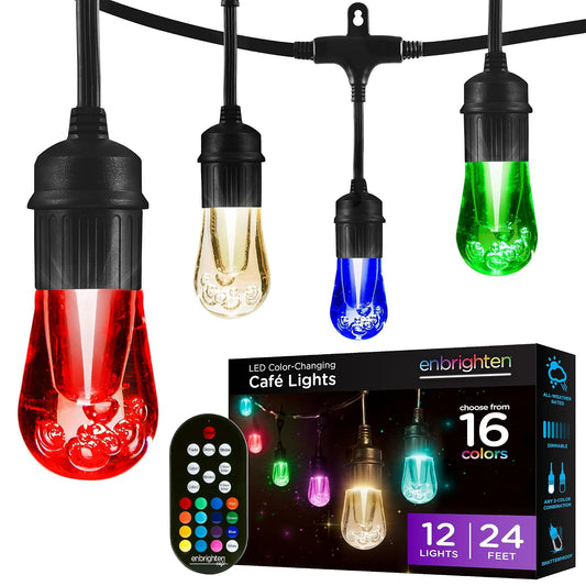 Enbrighten 37791 - Cadena de luces clásico para exteriores, 25 pies, 12 bombillas acrílicas RGB, resistente a la intemperie, control remoto RF, perfecto para día festivo, día de partido, fiestas y