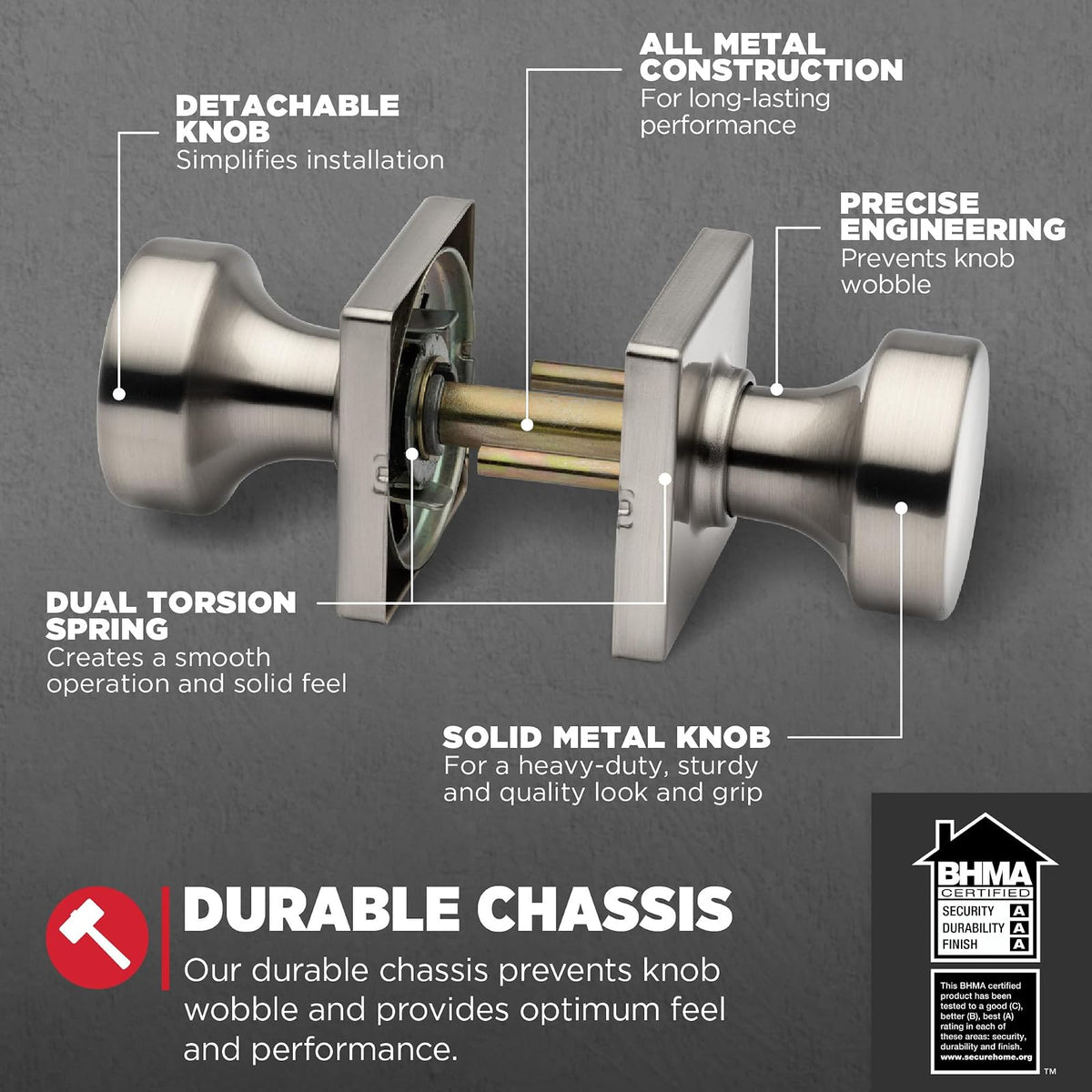 Kwikset Pismo - perilla para puerta de paso interior, manija para puertas de clóset y pasillo, perilla de puerta sin bloqueo en níquel satinado, con protección Microban