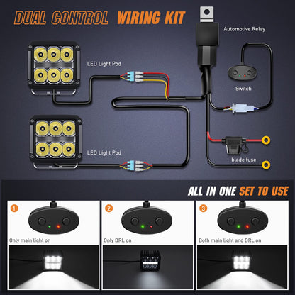 Nilight 4 Inch Square LED Pod Lights with DRL 60W 6487LM 10 Degree Super Spot Beam 16AWG Wiring Harness Kit for Auxiliary Offroad Driving Work Lamp for Truck UTV ATV SUV 4x4 Jeep